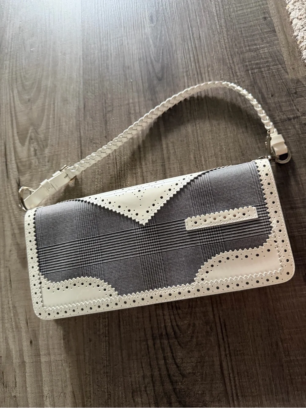 White and Gray Textured Clutch with Decorative Buckle
